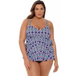 Swim Solutions Jewels Tiered Tummy Control Fauxkini 1-Piece Swimsuit Size 12 NWT